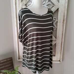 Colette Malouf Women's Dolman Short Sleeve Cold Shoulder Top TShirt Green Stripe